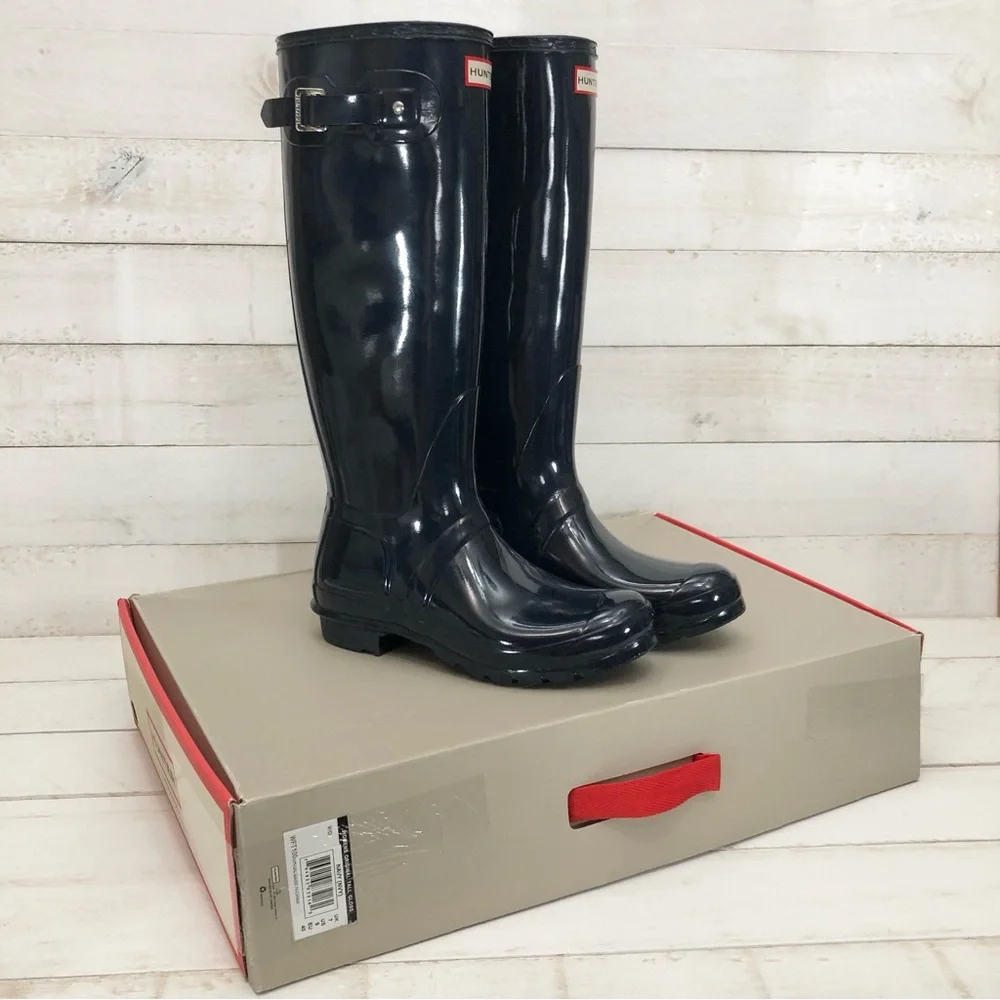 Hunter Navy Gloss Original Tall Rain Boots • Women's Sz 9 • NIB